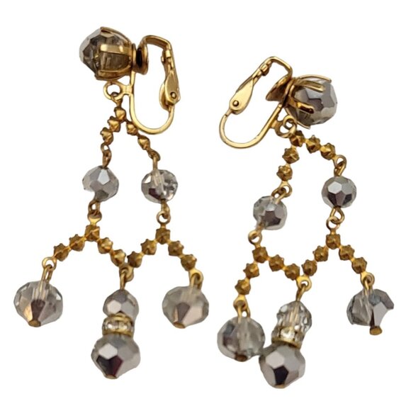 AB Beaded Prong Set Clear Rhinestone Chandelier Clip-On Earrings 2” Long, K130 - Picture 7 of 10